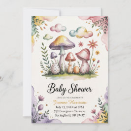 Convite Design de Chá de Bebê com Cogumelos em Aquarela