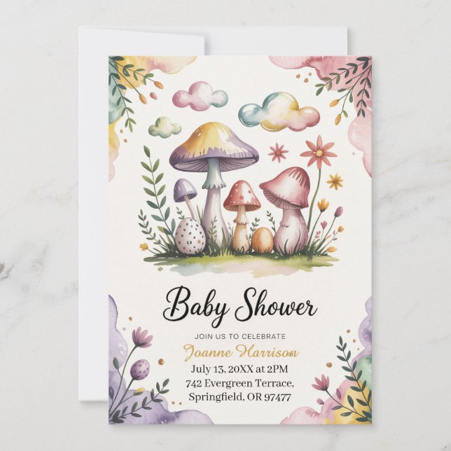 Convite Design de Chá de Bebê com Cogumelos em Aquarela (Frente)