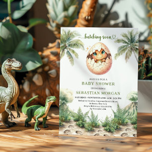 Convite Design de chá de bebê de dinossauro eclodindo em b