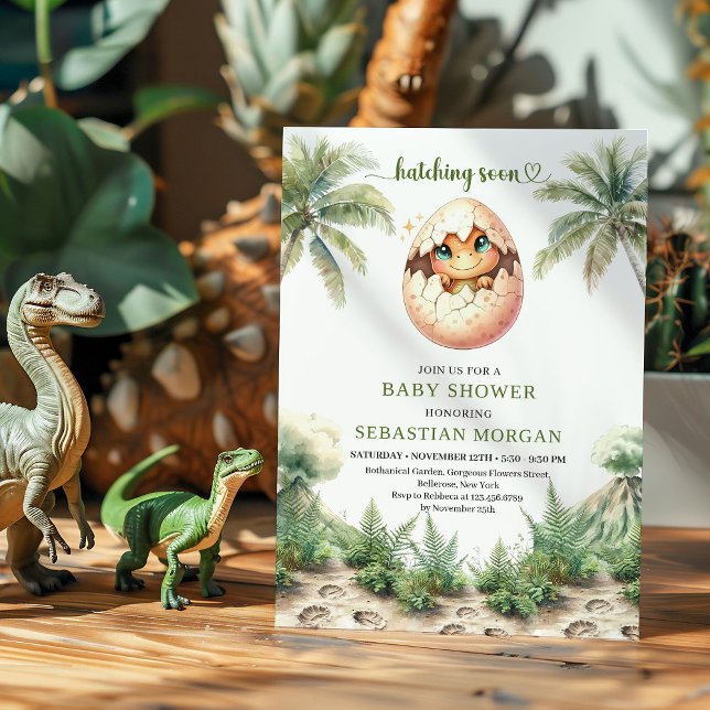 Convite Design de chá de bebê de dinossauro eclodindo em b (Modern hatching soon dinosaur baby shower design

)