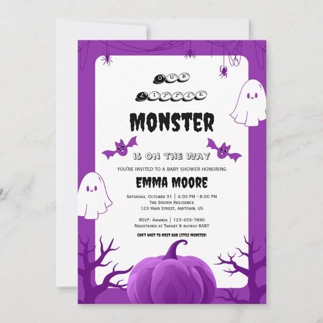 Convite Design de Chá de Bebê do Monstro de Halloween Roxo (Frente)