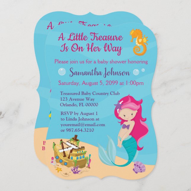 Convite Design de Chá de fraldas de Sereia do Personagem d (Frente/Verso)