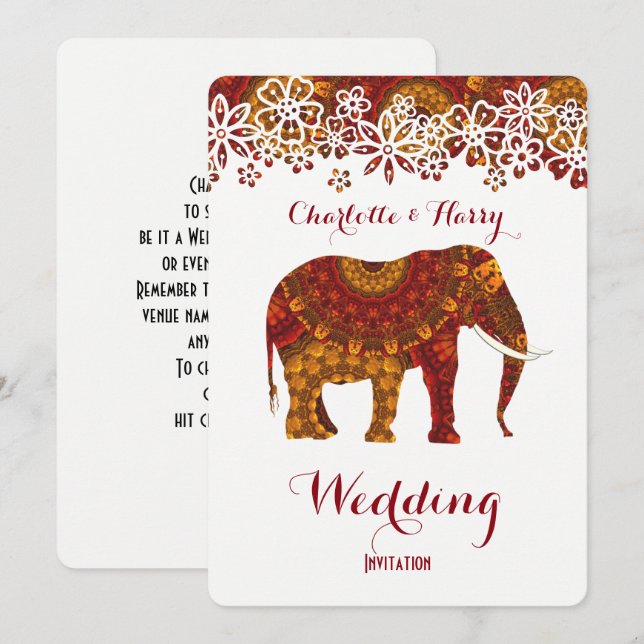 Convite Design de Elefante Ornamentado Indígena Decorado (Frente/Verso)