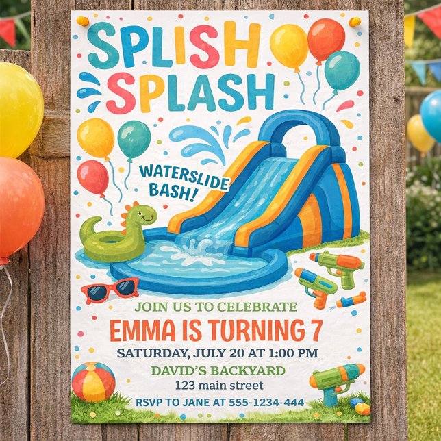 Convite Design de Festa de Aniversário com Pista de Esqui  (Splash Splash Birthday Invitation Water Slide Pool Party for Kids)