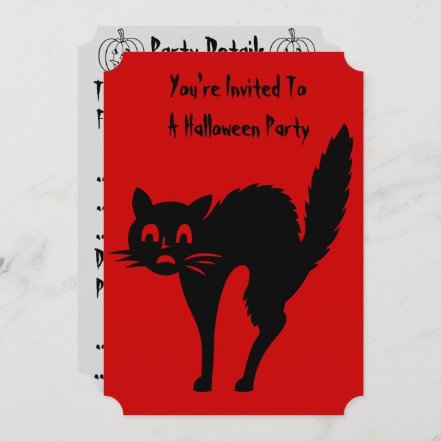 Convite design de gato preto engraçado para o halloween (Frente/Verso)