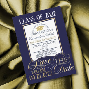 Convite Design de Graduação Elegante, Dourado, Branco e Az