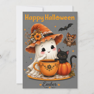 Convite Design de Halloween de Fantasma Fofo e Gato Preto