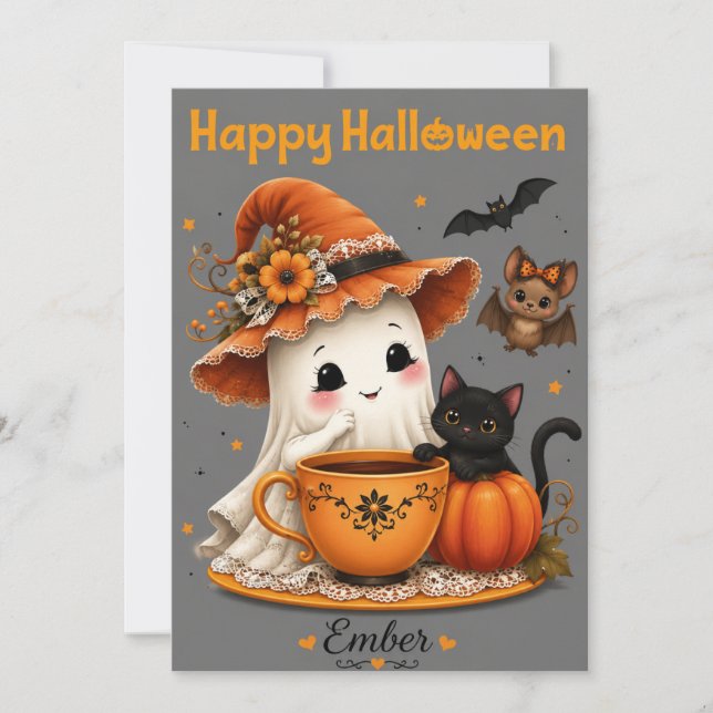 Convite Design de Halloween de Fantasma Fofo e Gato Preto (Frente)