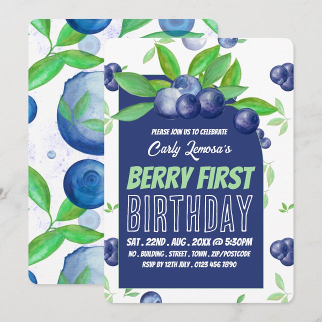 Convite Design de mirtilo, Berry Primeiro Aniversário (Frente/Verso)