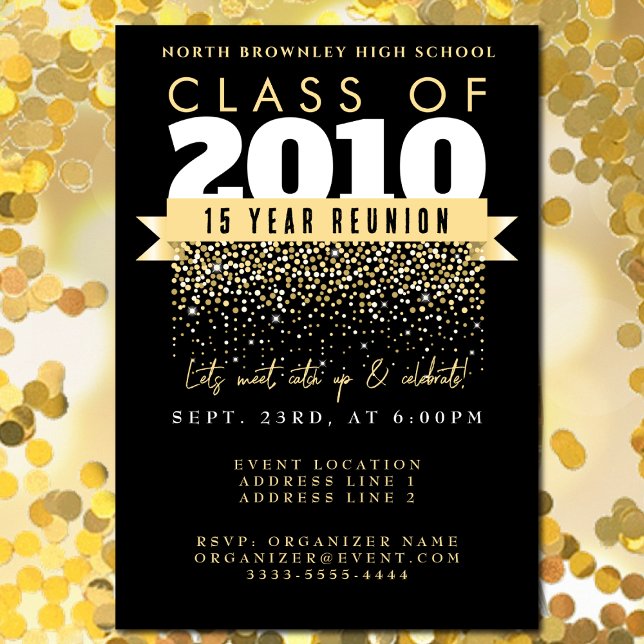 Convite Design de Reunião Escolar Elegante (Elegant High School Reunion design with golden confetti)