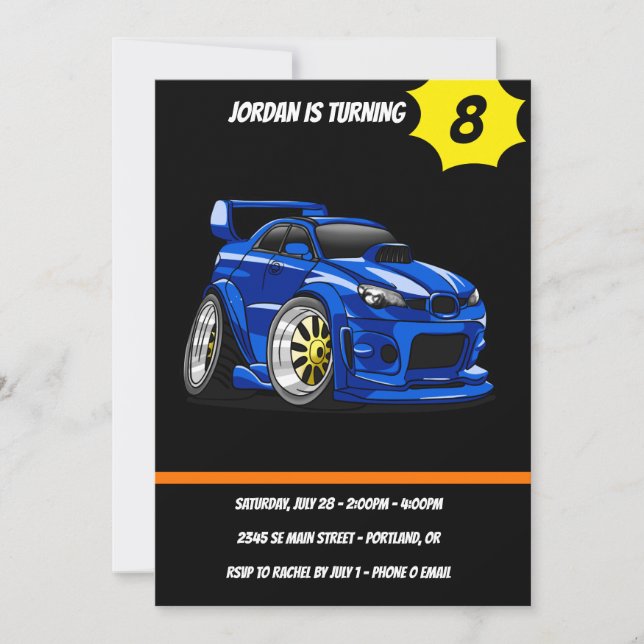 Convite Design de velocidade de carro de músculo azul - Es (Frente)