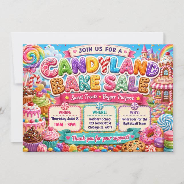 Convite Design de Venda de Bolos Candyland (Frente)