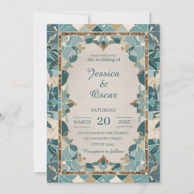 Convite Design do Casamento Mediterrâneo - Teal e Mosaico  (Frente)