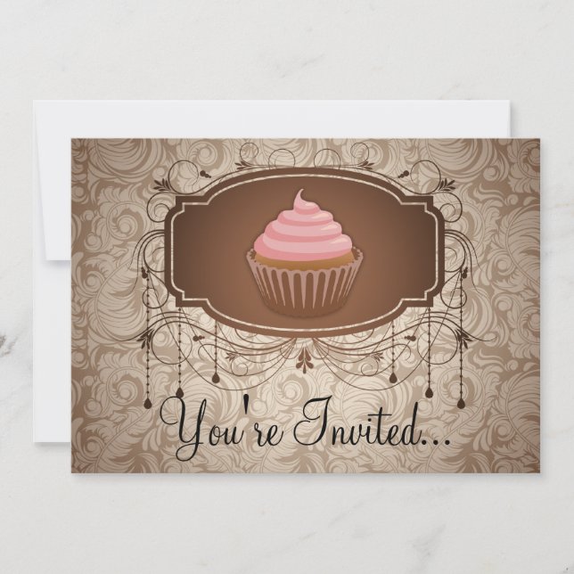 Convite Design do Cupcake Glamor Mocha Damask (Frente)