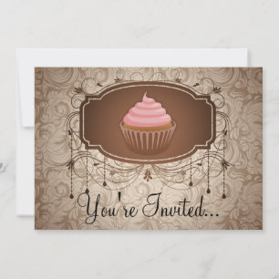 Convite Design do Cupcake Glamor Mocha Damask