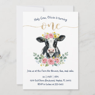 Convite Design do Primeiro Aniversário de Vaca Floral Fofa