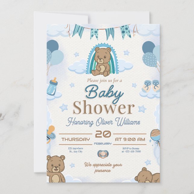 Convite Design Editável de Chuvada de Bebê Urso Teddy Azul (Frente)
