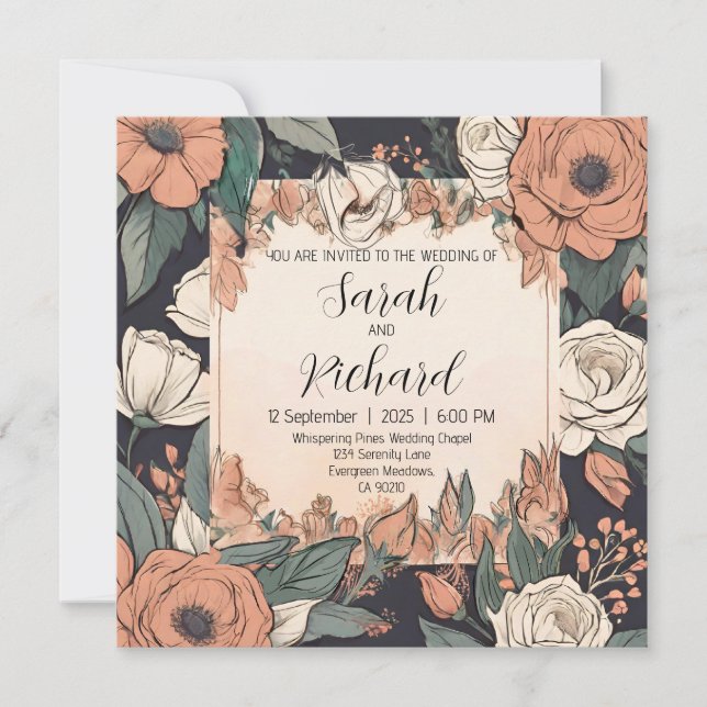 Convite Design Floral Chic com Acentos Coral e Creme (Frente)