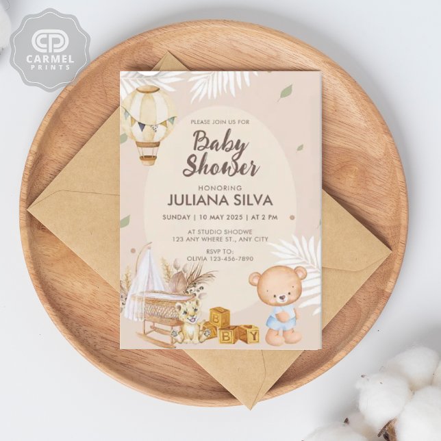 Convite Design Floral do Urso Branco Rosa Moderno (Modern Pink White Teddy Bear Floral Design Invitation)