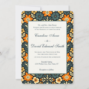 Convite Design Floral Moderno em Verde-Azul e Laranja