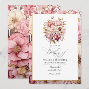 Convite Design Floral Rosa Chic e Dourado