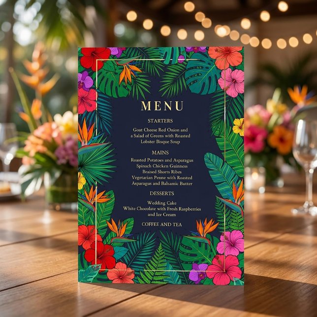 Convite Design Floral Tropical | Menu de Hibisco e Folhage (#tropicalwedding #weddingdinner#hibiscus #beachwedding #destinationwedding #floralimenu)