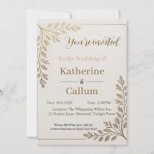 Convite Design Minimalista de Casamento Floral com Folha d