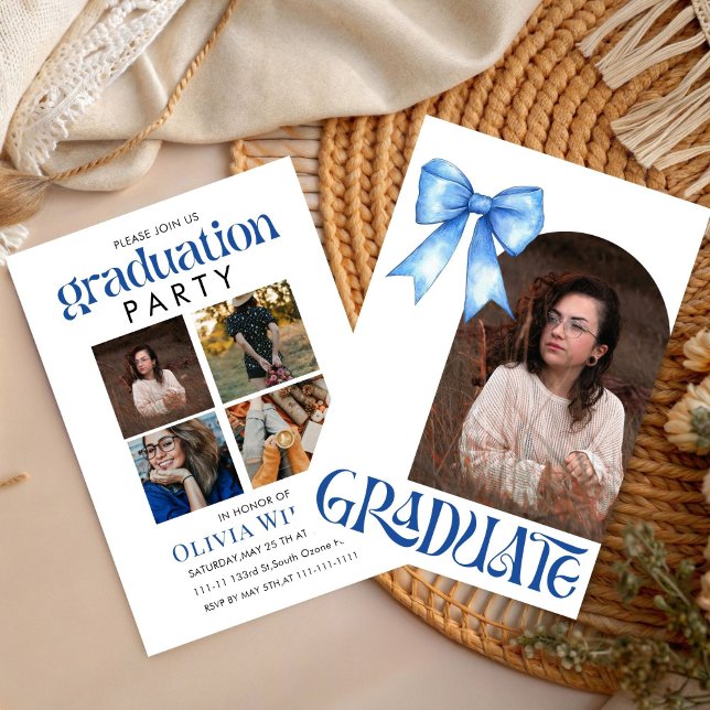 Convite Design Simples de Graduação com Laço Azul e Fotos (Criador carregado)