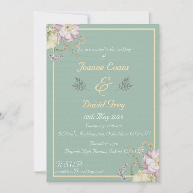 Convite Design verde-sábado, ouro e flor (Frente)