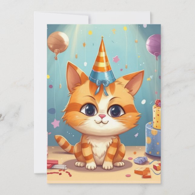 Convite designio temático de gato gato ruivo fofo (Frente)
