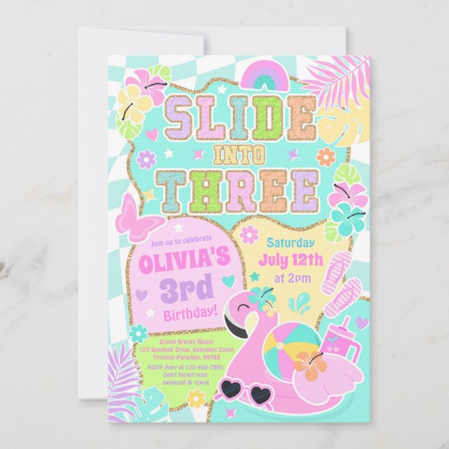 Convite Deslize para Três Festa de Aniversário de Piscina  (Frente)