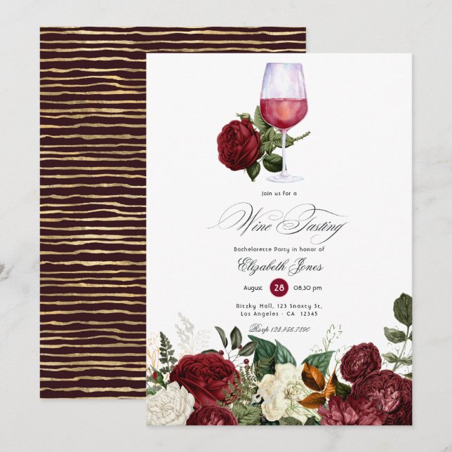 Convite Despedida de solteira com tema de vinho floral bur (Frente/Verso)