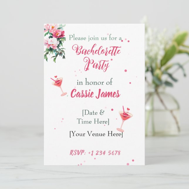 Convite Despedida de Solteira Coquetel Floral Peônia Rosa (Em pé/Frente)
