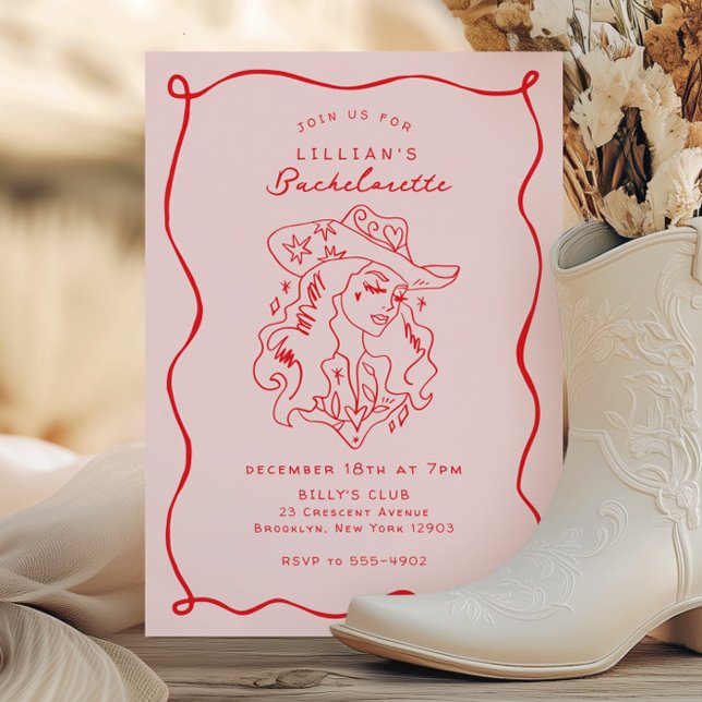 Convite Despedida de Solteira Cowgirl Caprichosa Rosa Verm (Criador carregado)