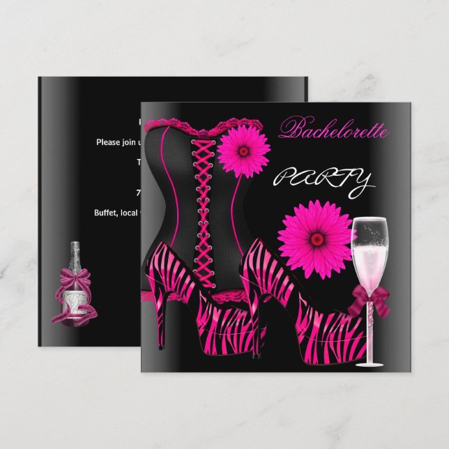 Convite Despedida de Solteira Espartilho Zebra Preto Rosa  (Frente/Verso)
