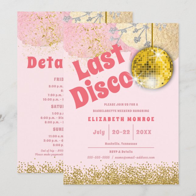 Convite Despedida de Solteira Glam Retro Disco Rosa Dourad (Frente/Verso)