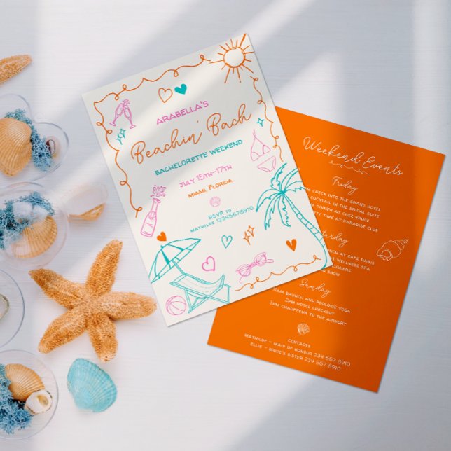 Convite Despedida de Solteira na Praia | Roteiro, Diversão (Hand drawn coastal theme bachelorette in fun orange, pink & teal, placed next to decorative shells. )