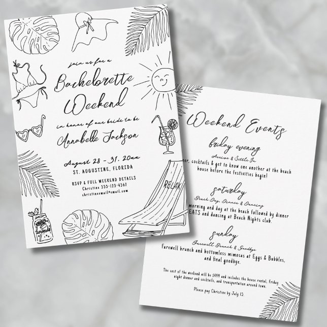 Convite Despedida de Solteira Tropical Praia Quirky Desenh (Quirky Hand Drawn Tropical Beach Bachelorette Invitation)