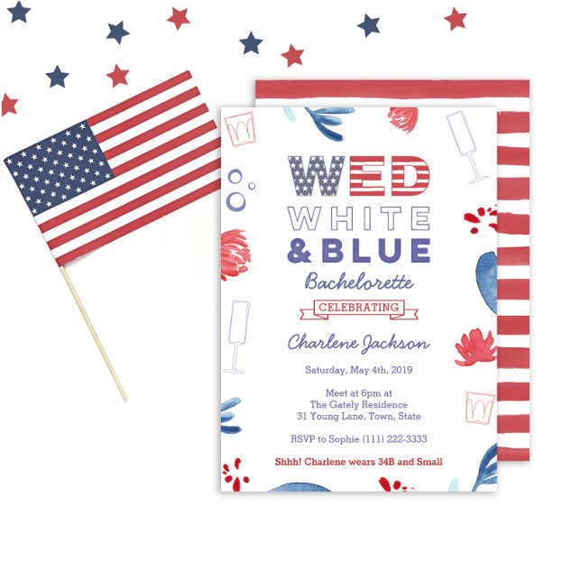 Convite Despedida de Solteira Vermelha Branca e Azul Festa (Wed White And Blue Bachelorette Party Invitation )