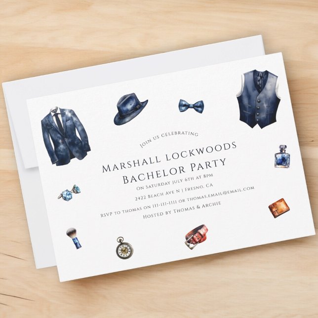 Convite Despedida de solteiro minimamente na moda (modern simple bachelor party invitation featuring gentlemans attire. )