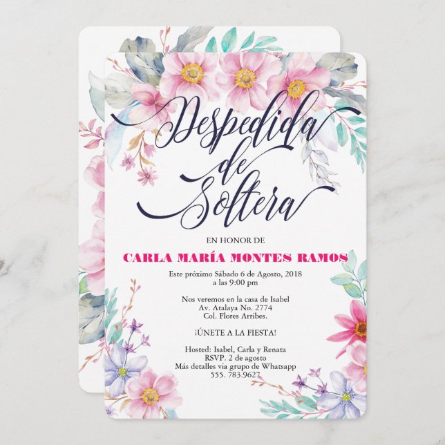 Convite Despedida de Soltera - convite, En español (Frente/Verso)