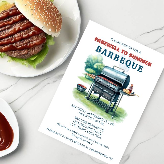 Convite Despedida para o CHURRASCO de Verão (BBQ party invitation with watercolor BBQ in the backyard.  An elegant invitation to celebrate summer)