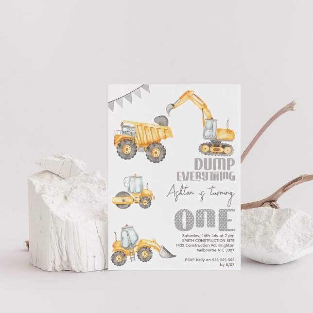Convite Despejar Caminhão Tudo primeiro aniversario de Con (Dump everything 1st birthday invitation, Construction 1st birthday invitation, Construction party)