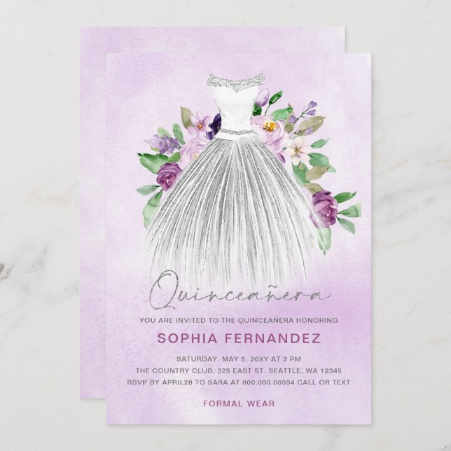 Convite Destilação Floral de Prata Roxa Quinceañera (Frente/Verso)