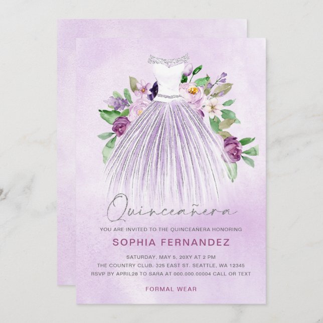 Convite Destilação Floral de Prata Roxa Quinceañera (Frente/Verso)