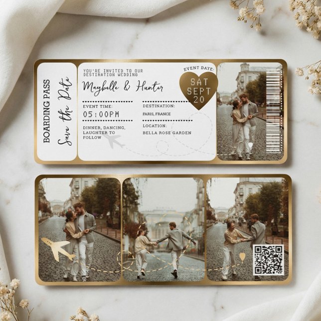 Convite Destination Wedding Boarding Pass Gold Ticket QR (Destination Wedding Boarding Pass Gold Ticket QR Invitation)