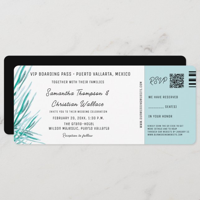 Convite Destination Wedding Boarding Pass Tropical palm (Frente/Verso)