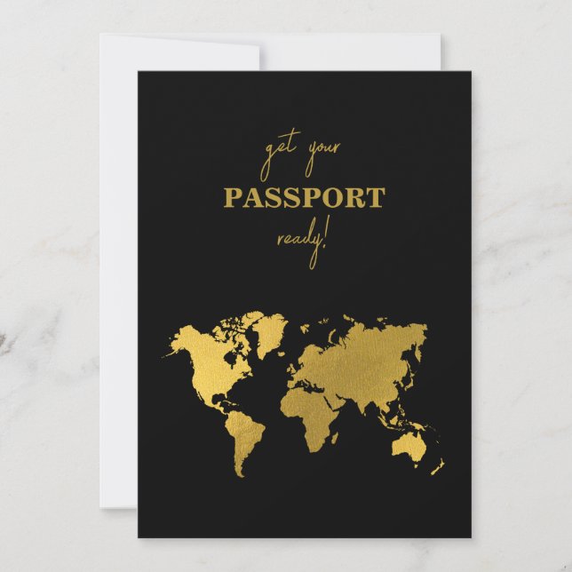 Convite Destination Wedding World Passport Black Gold (Frente)