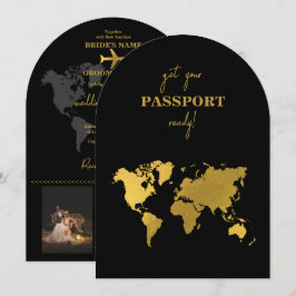 Convite Destination Wedding World Passport Black Gold