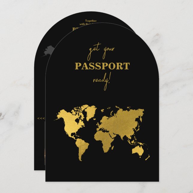 Convite Destination Wedding World Passport Black Gold (Frente/Verso)